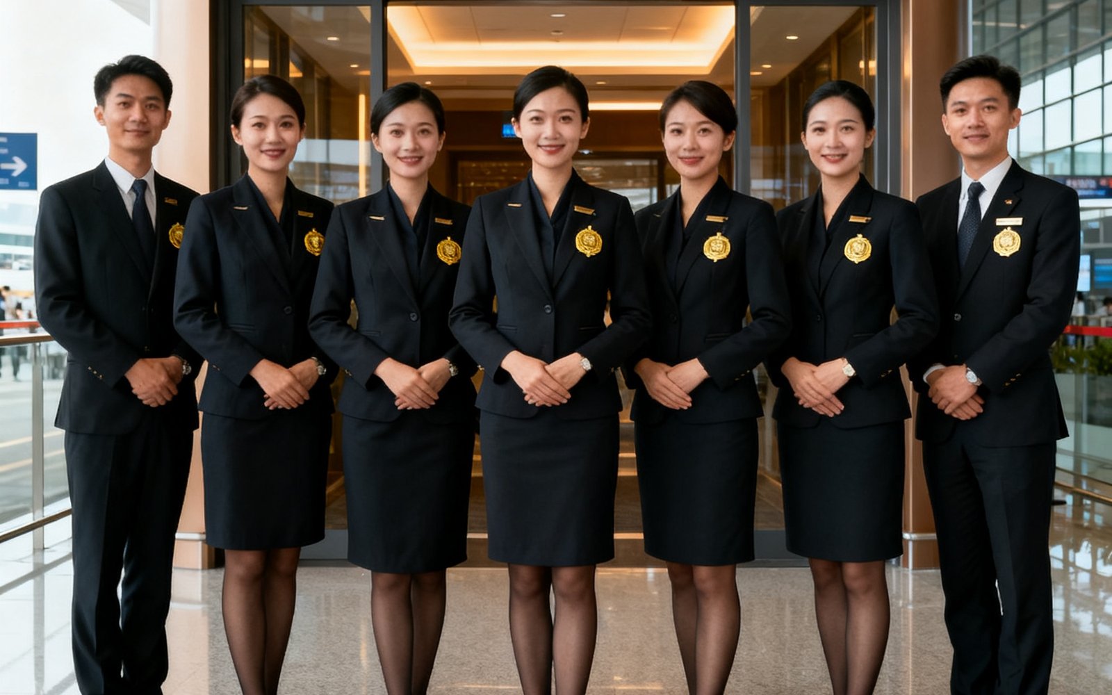 公海贵宾会资深礼宾团队在贵宾休息室前合影，团队身着统一深色制服佩戴金色徽章，背景为白云机场T2航站楼贵宾区入口，展现专业可靠的服务形象