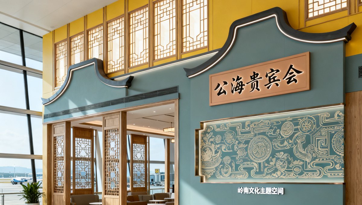 白云机场T3航站楼公海贵宾会新休息室设计效果图，展示岭南文化主题空间，融合镬耳墙元素与现代设计