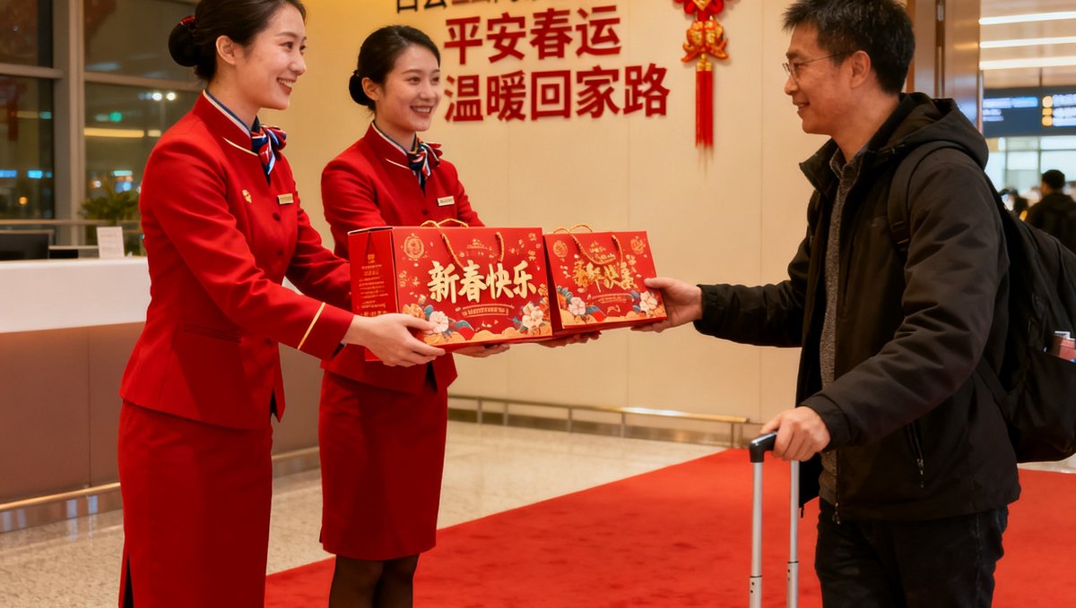 2025年春运期间白云机场公海贵宾会服务场景，礼宾人员正在为旅客送上新春祝福和年味礼盒
