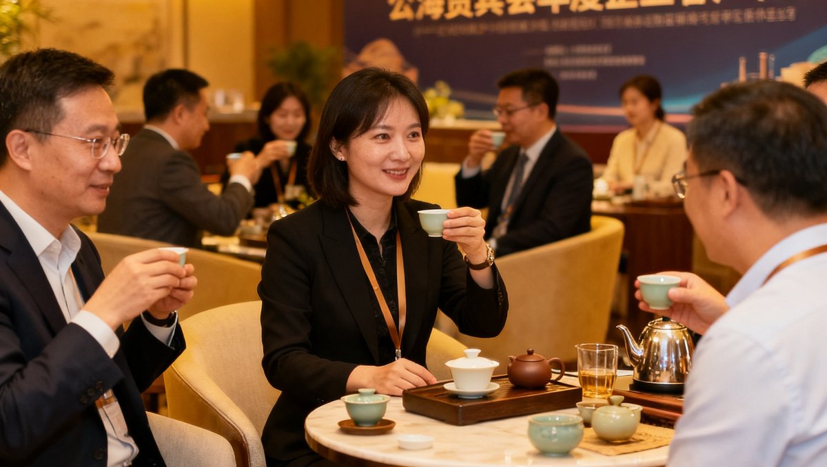 公海贵宾会年度企业客户答谢活动现场，多位企业代表在贵宾休息室参与茶艺品鉴和交流活动