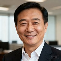 一位四十岁左右的中国商务男士正面头像，穿着深色西装白衬衫，面带微笑，背景为办公室环境