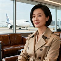 一位三十多岁的中国女性商务旅客，留着干练短发，穿着米色风衣，气质优雅，背景为机场贵宾室